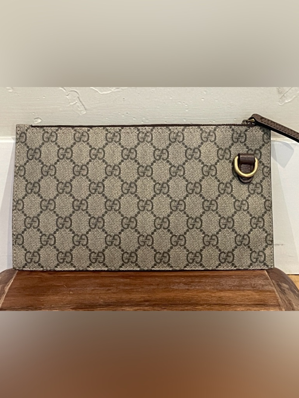 Gucci Beige and Brown GG Canvas Pouch with Gold Ring